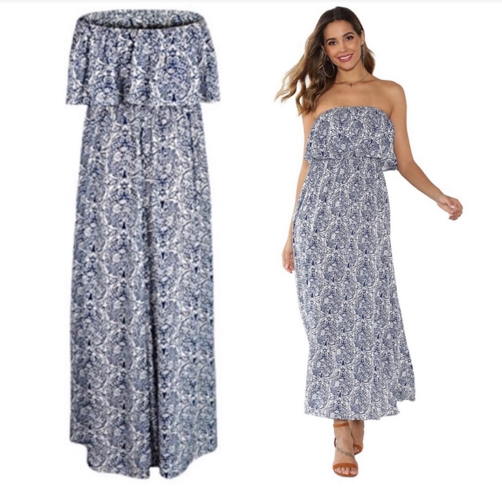 Strapless Ruffle Maxi Dress Size 16 XL Blue & White Rayon Print - Picture 5 of 16